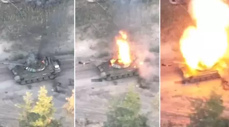 Ukrainske FPV-droner med artilleri ødela en russisk modernisert T-72B3-stridsvogn.