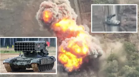 En FPV-drone ødela et russisk TOS-1A tungt flammekastersystem med termobariske missiler.
