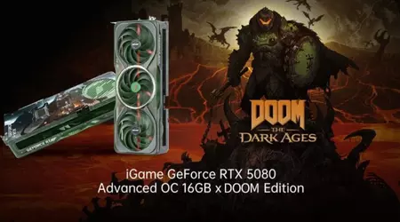 Fargerikt annonsert RTX 5080 grafikkort i stil med Doom: The Dark Ages