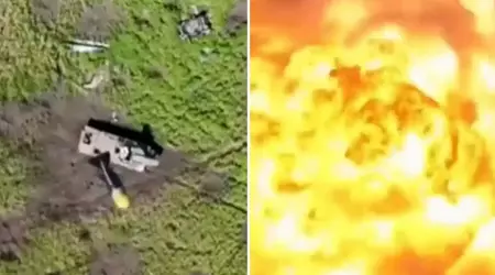 Et ukrainsk quadrokopter rev spektakulært i stykker en russisk UR-77 "Meteorite" selvdrevet minerydderrakett med 700 kg sprengstoff med én enkelt granat.