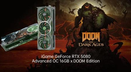 Fargerikt annonsert RTX 5080 grafikkort i stil med Doom: The Dark Ages