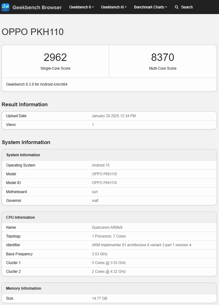 Oppo Find N5 testresultater Oppo Find N5 (modell PKH100) testresultater. Illustrasjon: Geekbench