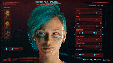 En hel skjerm med karaktertilpasning i Cyberpunk 2077