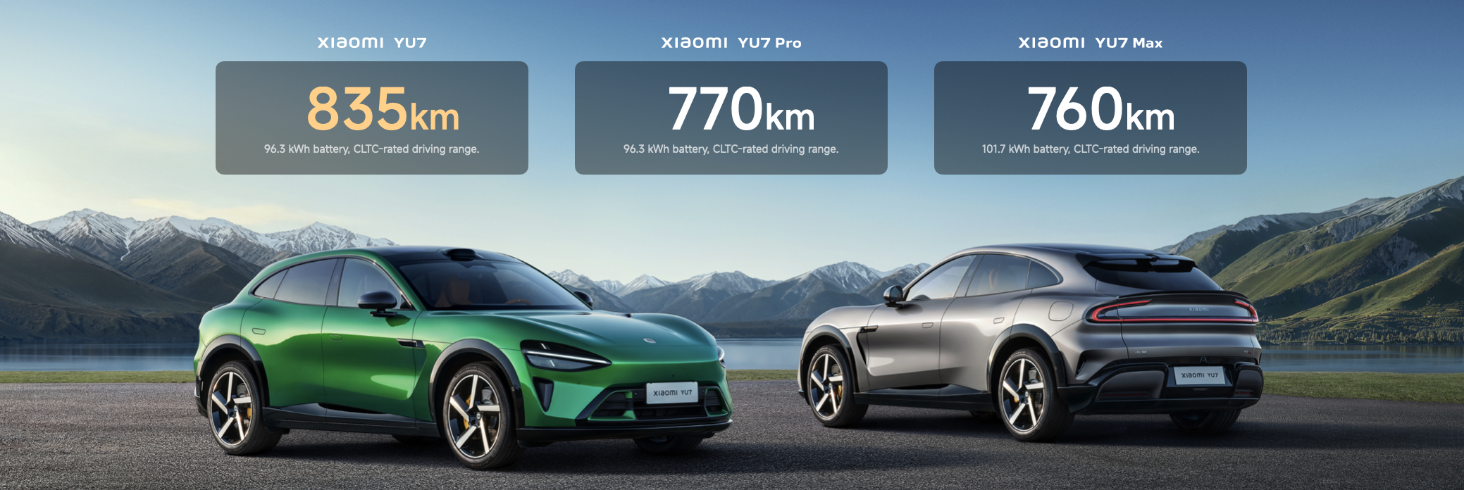 Energilagringsfigurer for de tre versjonene av Xiaomi YU7