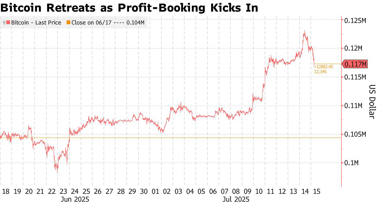 Bitcoin prisdiagram Bitcoin korrigerte til $117 000 etter en rekordhøyde over $123 000