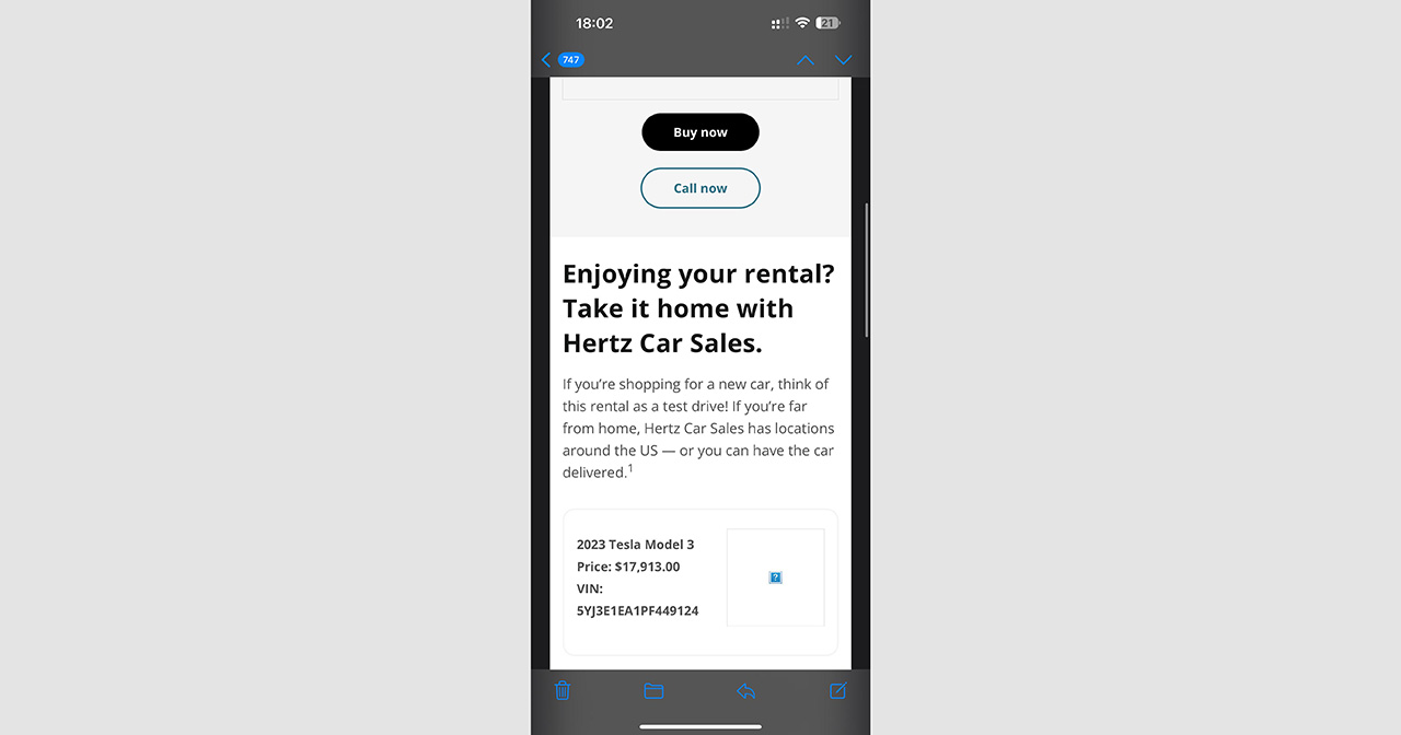 Skjermdump av en e-post fra Hertz med tilbud om å kjøpe tilbake Tesla Model 3 Skjermdump av en e-post fra Hertz med tilbud om å kjøpe tilbake Tesla Model 3