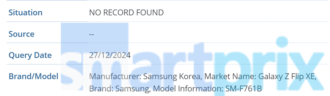 Samsung Galaxy Z Flip FE Informasjon om Samsung Galaxy Z Flip FE (XE) i GSMA-databasen