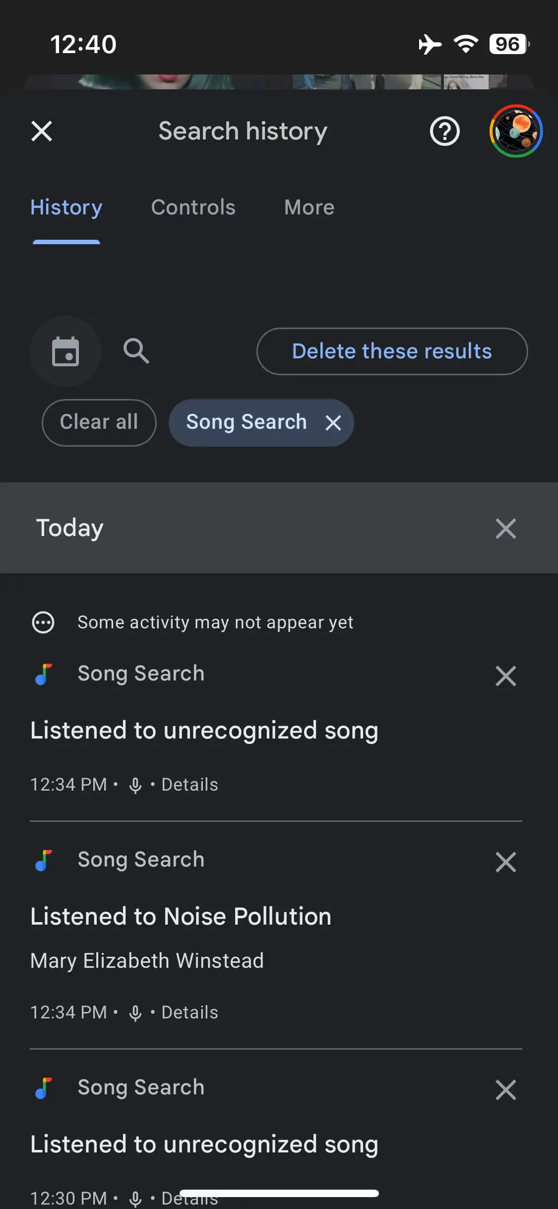 Søkehistorikk for sanger på Google for iOS