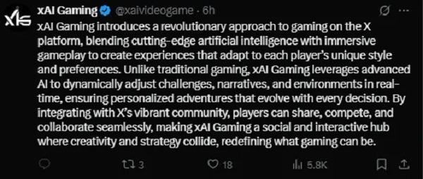 Skjermbilde av et innlegg om xAI Gaming Skjermbilde av et innlegg om xAI Gaming