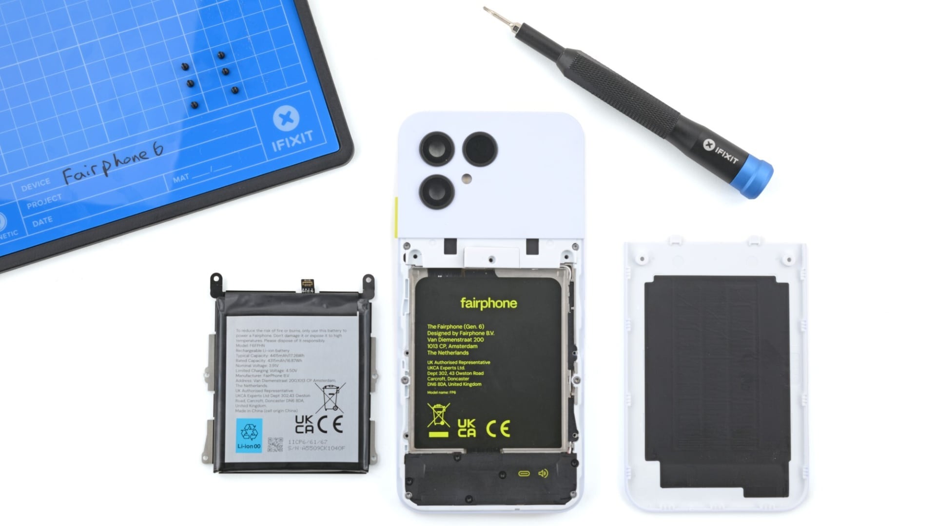 Reparerbarhet til Fairphone 6. Illustrasjon: iFixit