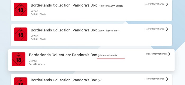 The Borderlands Collection: Pandora's Box kan også bli utgitt på Nintendo Switch - ifølge informasjon fra et tysk ratingbyrå.-2