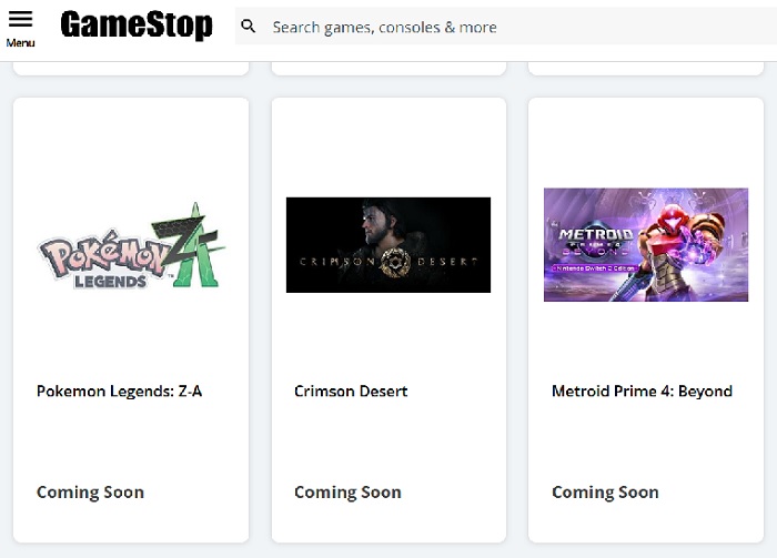 Screenshot of GameStop website