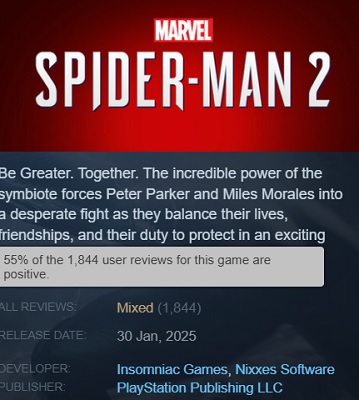 Marvelʼs Spider-Man 2 anmeldelser på Steam