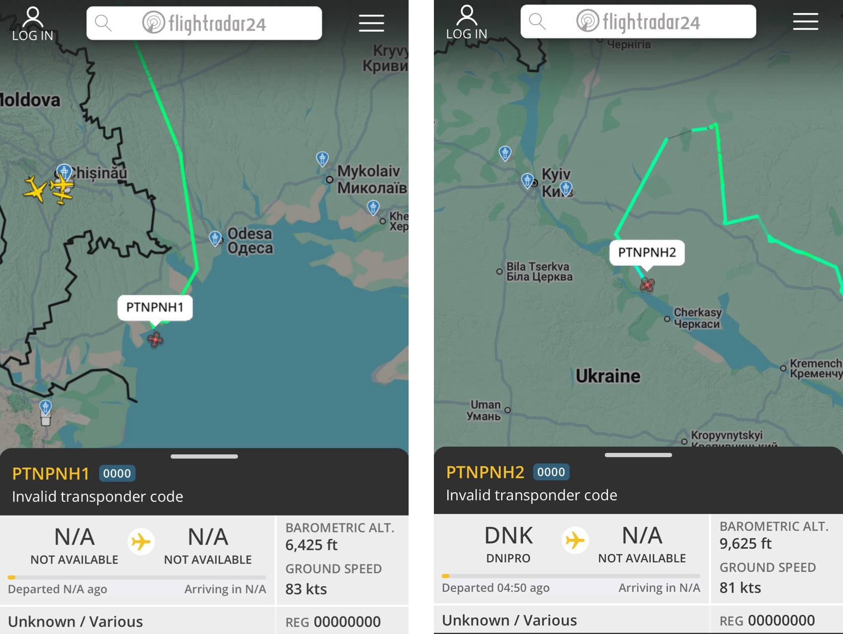 Skjermbilder fra Flightradar24-tjenesten