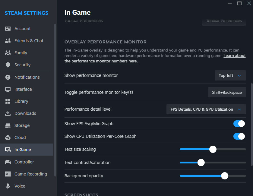 Ytelsesmonitor grensesnittinnstillinger. Illustrasjon: Steam