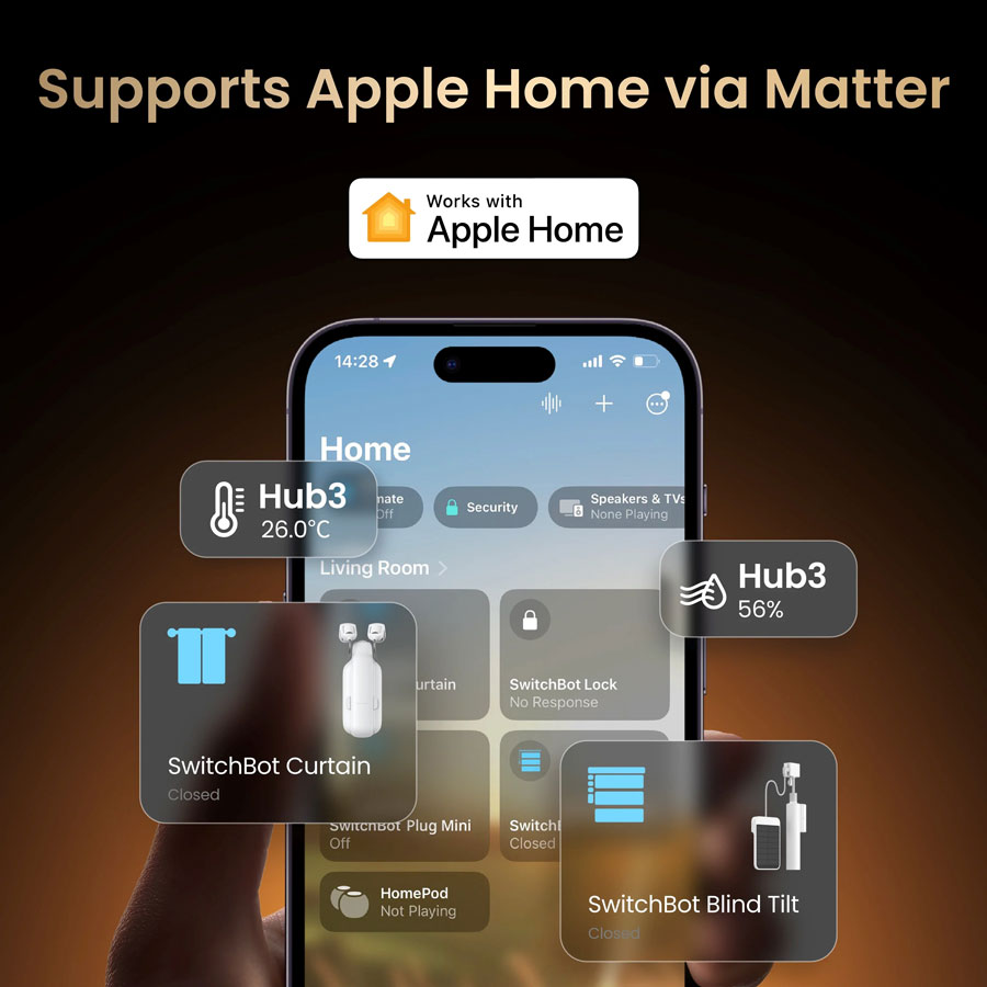SwitchBot Hub 3 i bakgrunnen av Apple Home-enheten