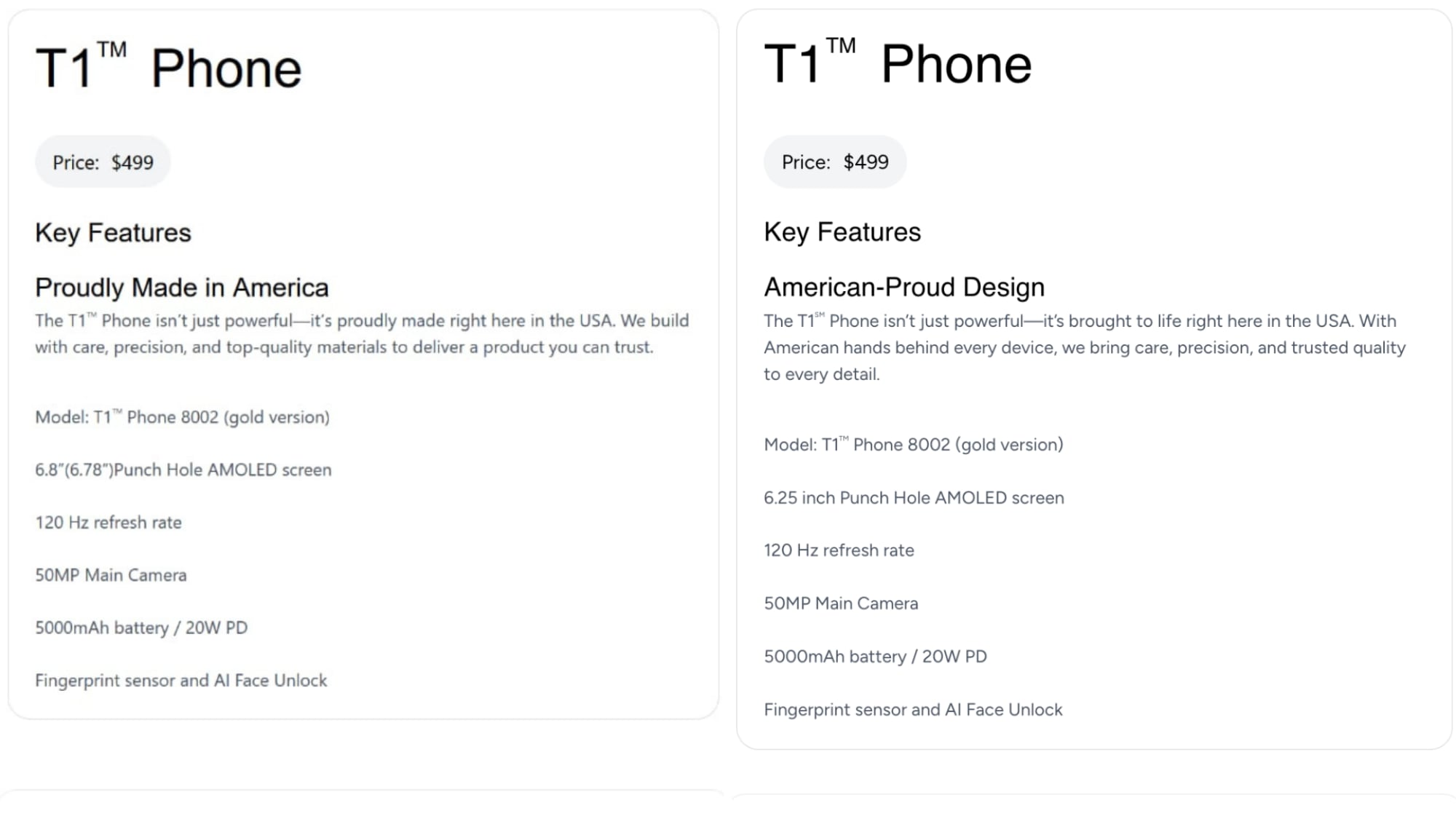 Gammel og oppdatert beskrivelse av T1 Phone-smarttelefonen