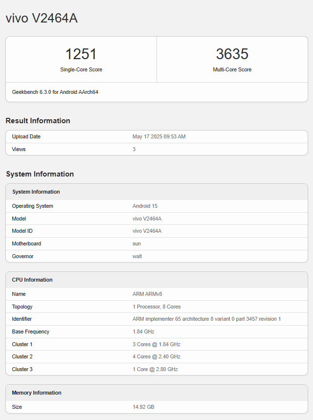 Vivo S30-test på Geekbench Vivo S30-test på Geekbench